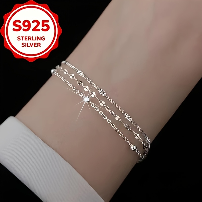 Women's S925 Silver Three-Layer Cascading Bracelet, Adjustable Gift